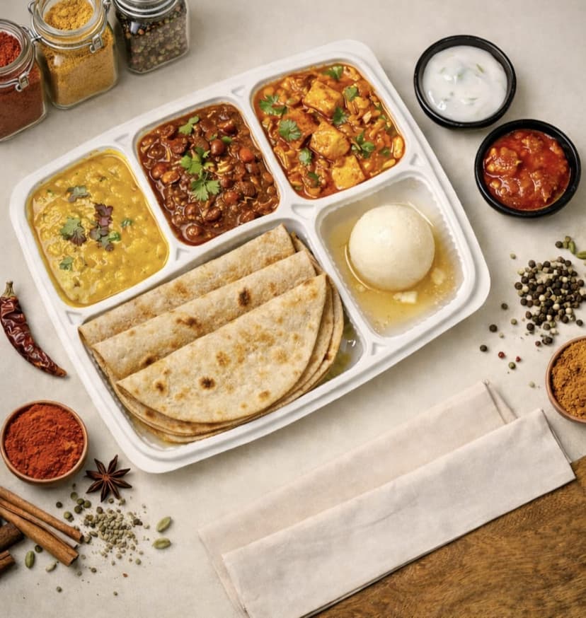 Fresh home-style North Indian thali with dal, sabzi, rotis, rice, and sides